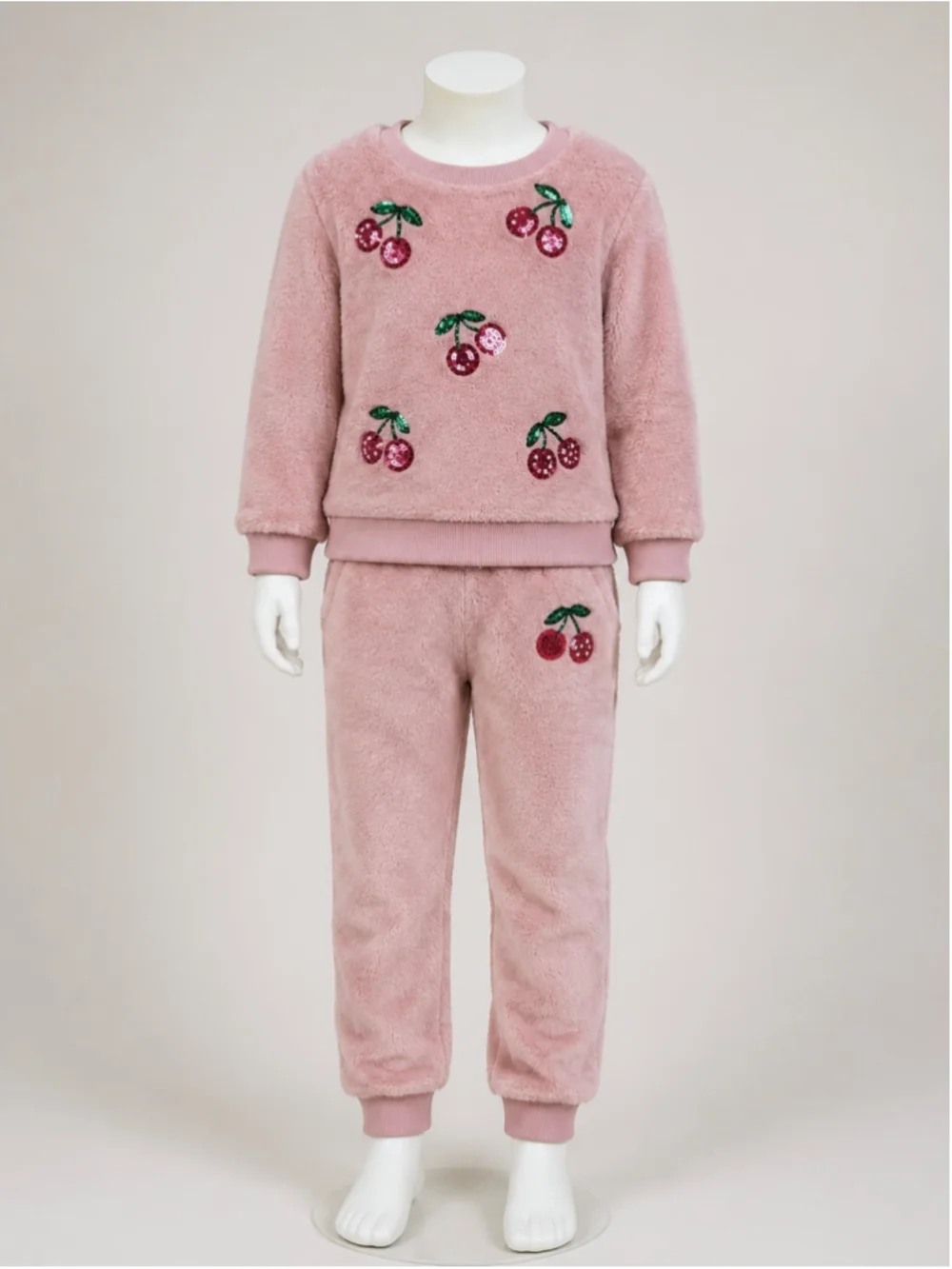 Derek Heart Girls Pink Cherry Sequin Sherpa Fleece Sweatshirt & Jogger Set